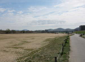 河川敷は広くグランドなどに活用されている.