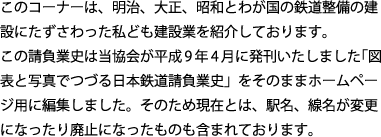 このコーナーは、明治、大正、昭和とわが国の鉄道整備の建設にたずさわった私ども建設業を紹介しております。
この請負業史は当協会が平成9年4月に発刊いたしました「図表と写真でつづる日本鉄道請負業史」をそのままホームページ用に編集しました。そのため現在とは、駅名、線名が変更になったり廃止になったものも含まれております。